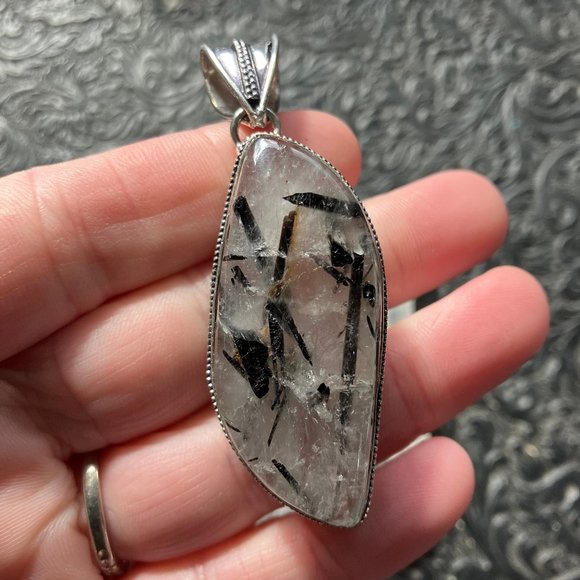 Tourmalinated Quartz Crystal Stone Jewelry Pendant - Picture 1 of 8